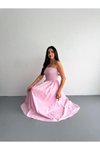Pembe Pileli Straplez Midi Elbise