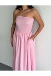 Pembe Pileli Straplez Midi Elbise