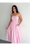 Pembe Pileli Straplez Midi Elbise