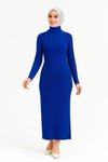 Saks Mavisi Fitilli Uzun Boğazlı Dokuma Triko Tesettür Elbise