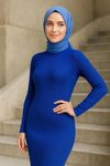 Saks Mavisi Fitilli Uzun Boğazlı Dokuma Triko Tesettür Elbise