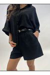Siyah Keten Şortlu Gömlekli Kemer Detaylı Takım
