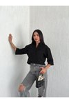 Siyah Z Krep Crop Kısa Kol Yakalı Gömlek