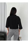 Siyah Z Krep Crop Kısa Kol Yakalı Gömlek
