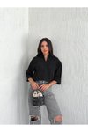 Siyah Z Krep Crop Kısa Kol Yakalı Gömlek
