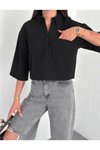Siyah Z Krep Crop Kısa Kol Yakalı Gömlek
