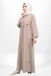 Bej Kapşonlu Kolu Lastikli Tesettür Elbise