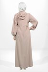 Bej Kapşonlu Kolu Lastikli Tesettür Elbise