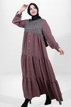 Kahve Garnili Kat Etekli Tesettür Elbise