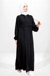 Siyah Kapşonlu Kolu Lastikli Tesettür Elbise