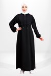 Siyah Kapşonlu Kolu Lastikli Tesettür Elbise