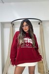 Bordo Boston Kürk Yazı Detay Sweatshirt