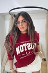 Bordo Boston Kürk Yazı Detay Sweatshirt