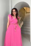 Pembe Hasır Örme Uzun Kruvaze İp Detay Elbise