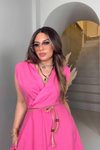 Pembe Hasır Örme Uzun Kruvaze İp Detay Elbise