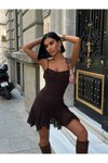 Acı Kahve Dantel Güpürlü Straplez Kloş Mini Ayarlanabilir Askılı Elbise