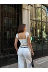 Beyaz Korse Fırfır Askılı Bağcıklı Bluz