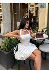Beyaz Mini Boyundan Bağlamalı Kare Yaka Balon Astarlı Elbise