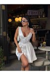 Beyaz Saten Mini Korsaj Detaylı Şortlu Elbise