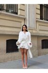 Beyaz Şifon Uzun Kollu Mini Şortlu Volanlı Kuşak Detaylı Elbise