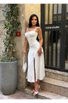 Beyaz Uzun Askılı Drapeli Elbise
