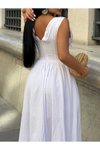 Beyaz Uzun Korsaj Form Kalın Askılı Büzgü Detaylı Elbise
