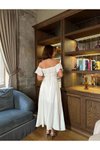 Beyaz Uzun Tam Kalıp Off-shoulder Sırt Detaylı Elbise