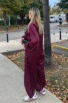 Bordo Dokulu Saten Oversize Yarasa Kol Ceket Bol Pantolon İkili Takım