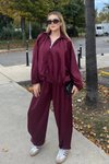 Bordo Dokulu Saten Oversize Yarasa Kol Ceket Bol Pantolon İkili Takım