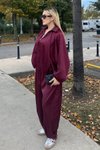 Bordo Dokulu Saten Oversize Yarasa Kol Ceket Bol Pantolon İkili Takım