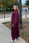 Bordo Dokulu Saten Oversize Yarasa Kol Ceket Bol Pantolon İkili Takım