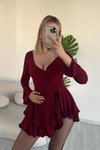 Bordo Mini Pileli Şortlu İspanyol Kol Düğme Detaylı Elbise