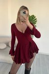 Bordo Mini Pileli Şortlu İspanyol Kol Düğme Detaylı Elbise