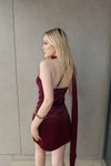 Bordo Mini Premium Tek Omuz Şal Detaylı Saten Abiye Elbise