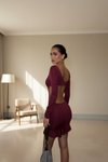Bordo Mini Uzun Kollu Cut-out Bağlamalı Derin Dekolteli Abiye Elbise