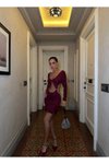 Bordo Mini Uzun Kollu Cut-out Bağlamalı Derin Dekolteli Abiye Elbise