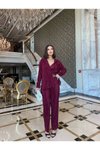 Bordo Piliseli Crop Gömlek Pantolon Üçlü Takım