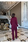 Bordo Piliseli Crop Gömlek Pantolon Üçlü Takım