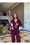 Bordo Piliseli Crop Gömlek Pantolon Üçlü Takım