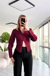Bordo Poplin Dekolteli Düğme Detaylı Gömlek