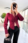 Bordo Poplin Dekolteli Düğme Detaylı Gömlek