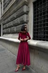 Bordo Premium Kadife Kuşak Detaylı Elbise