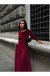 Bordo Premium Kadife Kuşak Detaylı Elbise