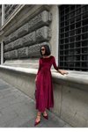 Bordo Premium Kadife Kuşak Detaylı Elbise