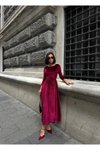 Bordo Premium Kadife Kuşak Detaylı Elbise
