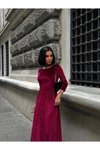 Bordo Premium Kadife Kuşak Detaylı Elbise