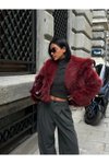 Bordo Yakalı Premium Astarlı Kürk Ceket