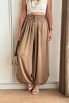 Haki Balon Kesim Saten Paça Detaylı Şalvar Pantolon