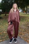 Oversize Textured Satin Batwing Sleeve Two-Piece Set - Brown