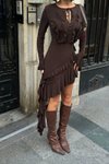 Kahverengi Mini Fırfır Detaylı Göğüs Düğmeli Premium Elbise